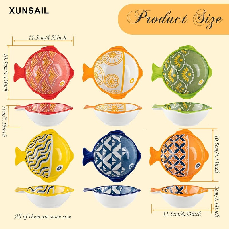 XUNSAIL أطباق غمس خزفية - مجموعة أطباق صلصة الصويا، 6 قطع أطباق غمس سمكة لطيفة للطبق الجانبي، كاتشب حفلة الشواء - Image 2